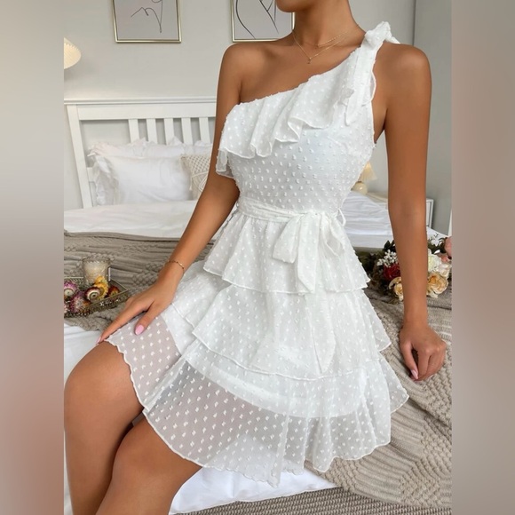 White One-Shoulder Ruffle Dress - Picture 1 of 5
